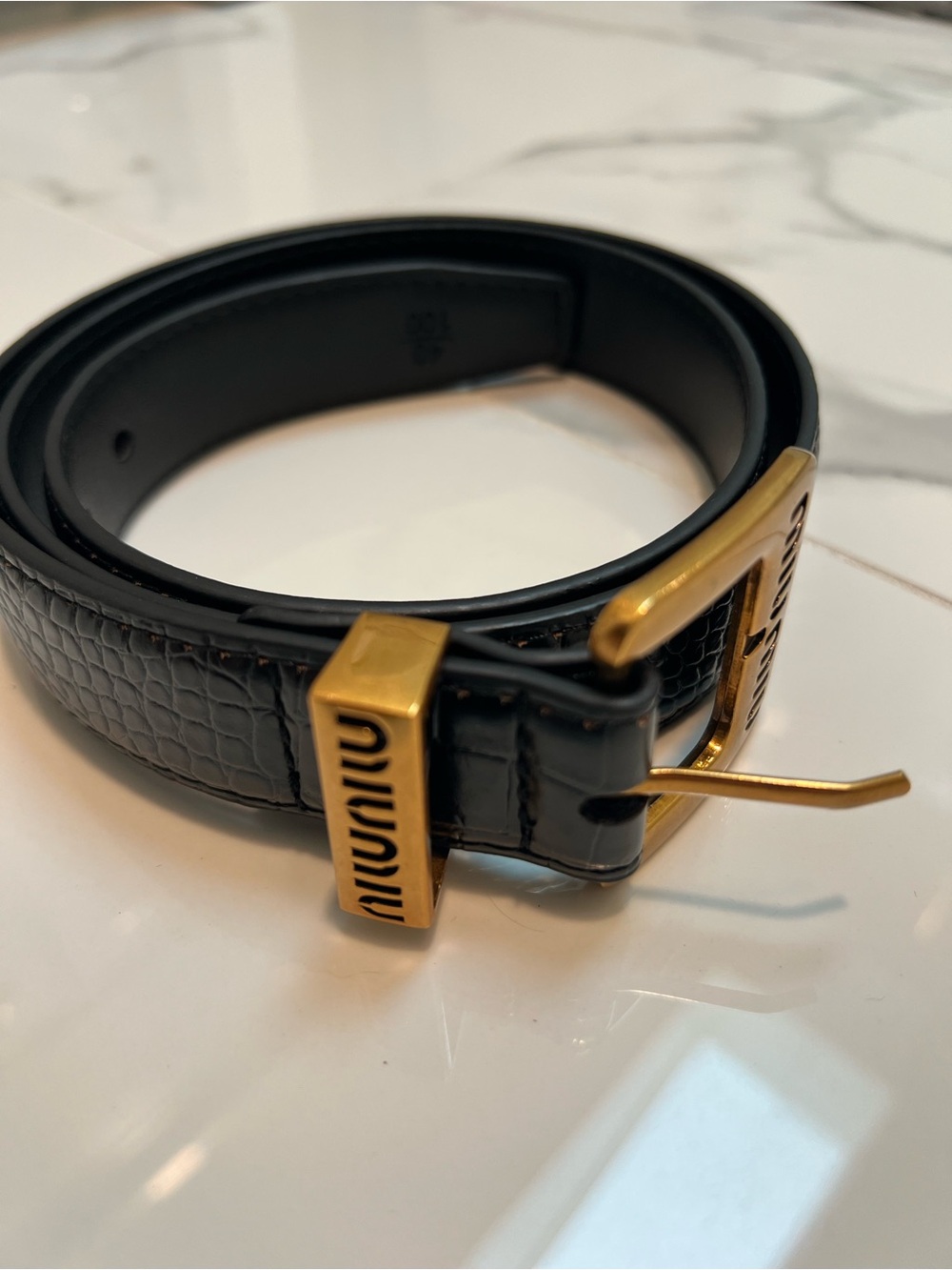 Miu Miu Black Croc-Embossed Leather Belt with Gold Hardware